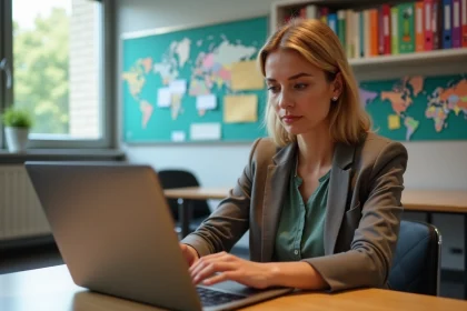 Professeure fran&ccedil;aise au bureau avec ordinateur pour l'article