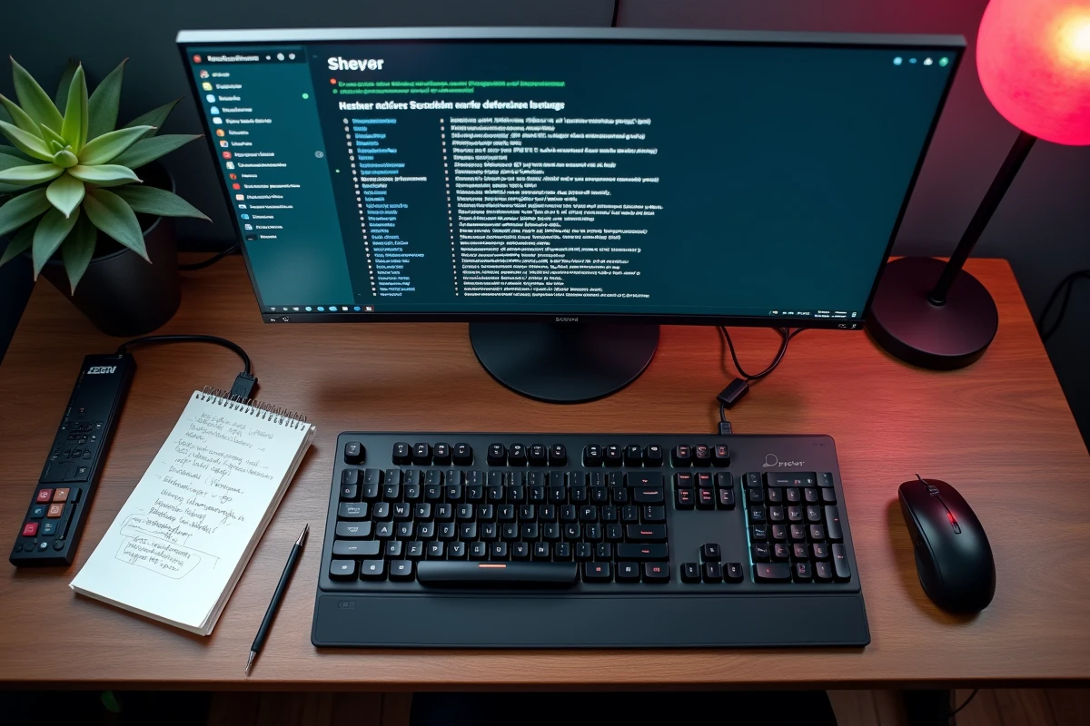 Vue aérienne d'un bureau PC avec liste des programmes au démarrage Windows à optimiser