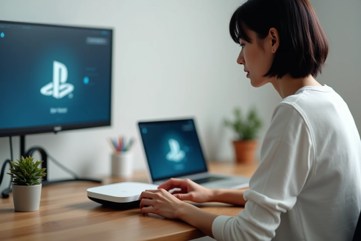 Femme configurant la PS Portal à côté d'un routeur Wi-Fi sur un bureau à domicile