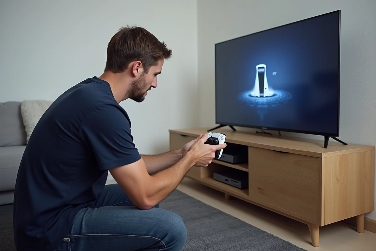 Homme comparant la PS Portal à la PS5 lors de la première configuration du cloud gaming