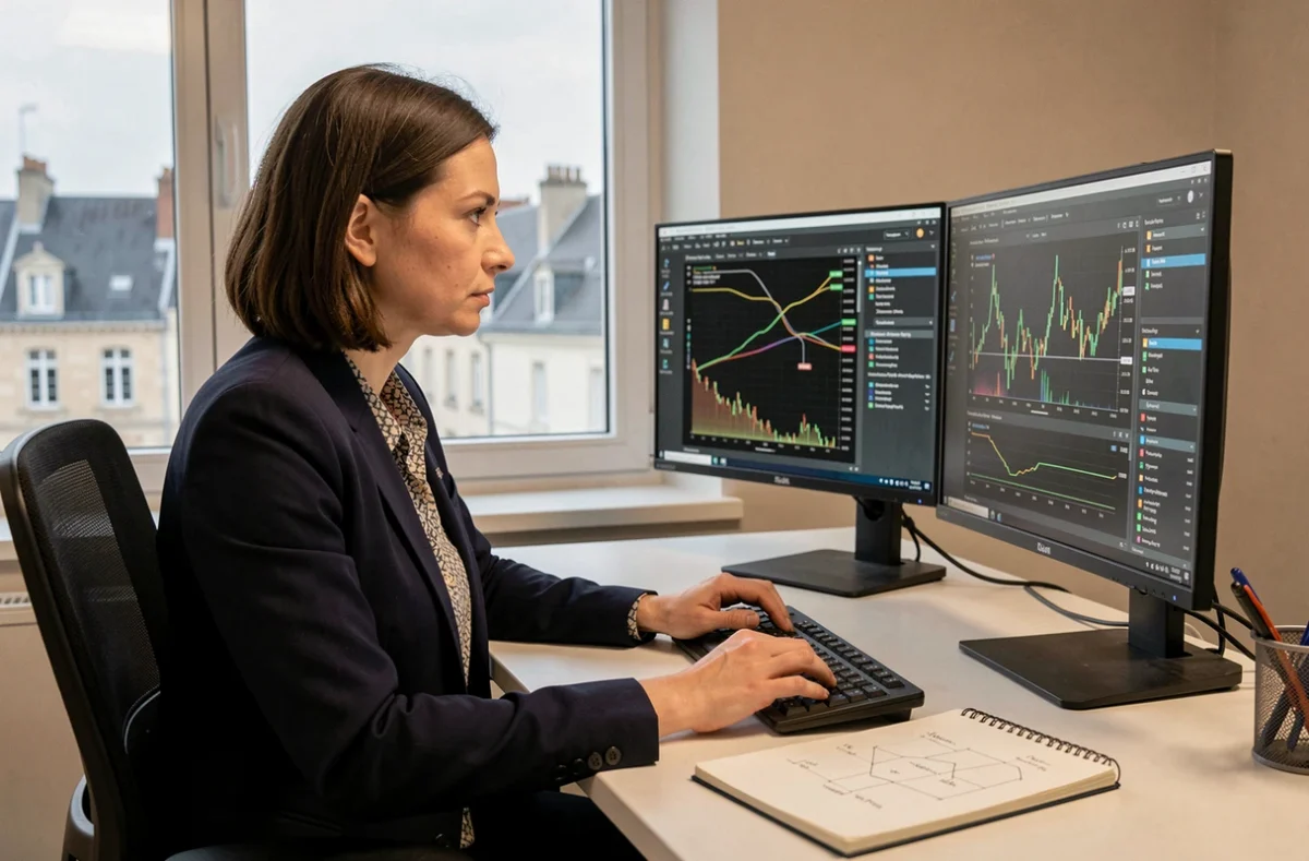 Ingénieure cybersécurité de Randstad Digital Rouen analysant des données de trafic réseau dans un bureau moderne avec vue urbaine