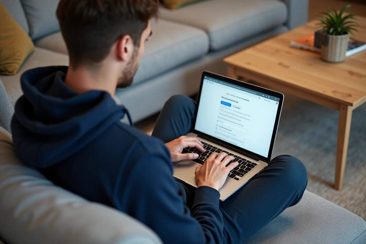 Jeune homme configurant la redirection de son webmail depuis un ordinateur portable sur un canapé à la maison