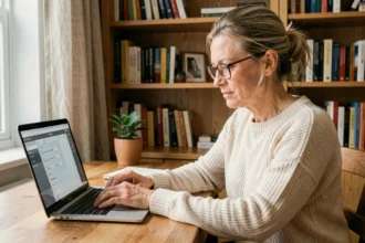 Femme ajustant les réglages de confort de lecture sur un logiciel de scan numérique à son bureau en bois