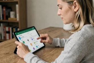Femme effectuant une réinitialisation sur une tablette Samsung dans un bureau à domicile