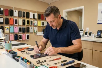 Technicien réparateur de smartphones dans un atelier professionnel en Maine-et-Loire, examinant un écran fissuré sur un établi bien organisé