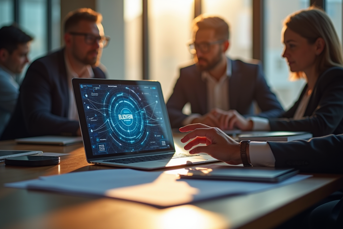 Professionnels analysant un diagramme blockchain sur une tablette