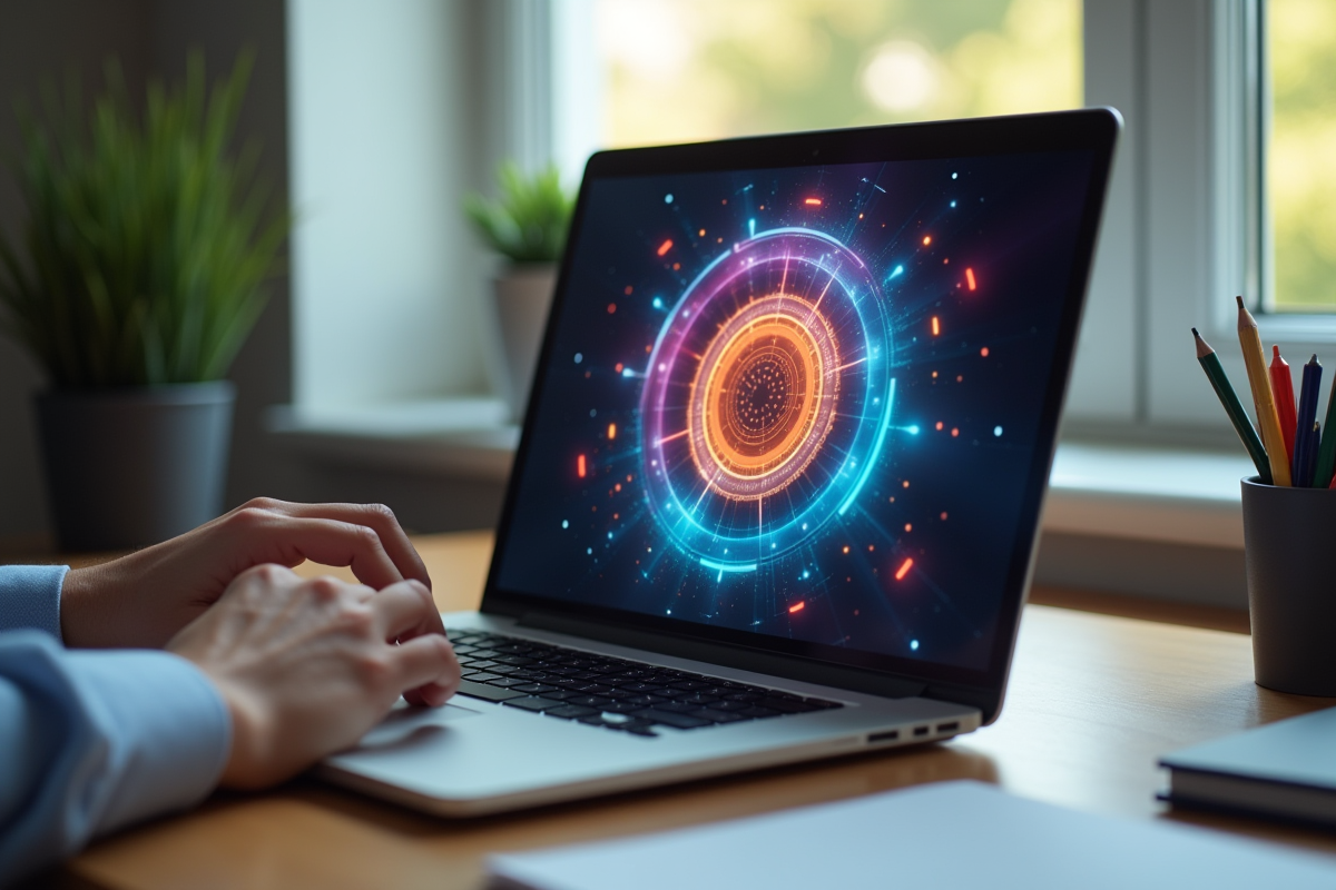 Main tournant une roue digitale colorée sur un ordinateur portable