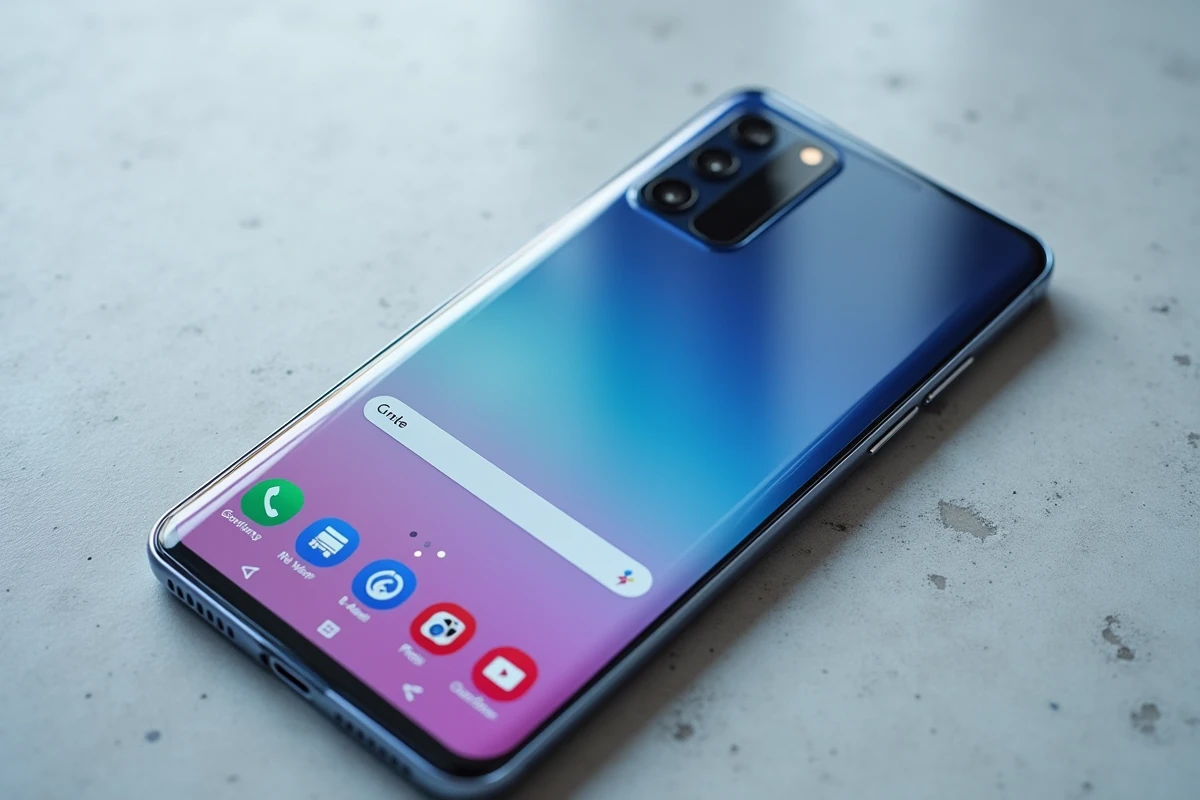 Vue détaillée du Samsung Galaxy S24 FE posé sur une surface en béton, module photo et écran visibles