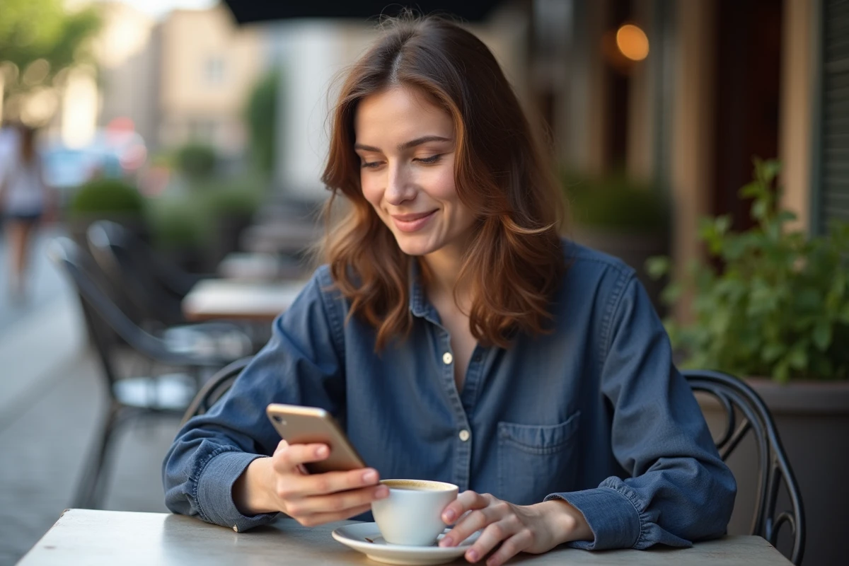 Femme utilisant le Samsung Galaxy S24 FE en terrasse de café pour tester l'appareil photo en conditions réelles