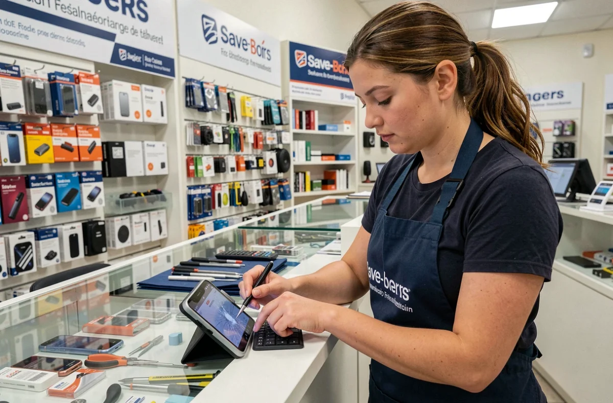 Technicienne Save Angers diagnostiquant un smartphone endommagé avec une tablette de diagnostic dans une boutique de réparation spécialisée