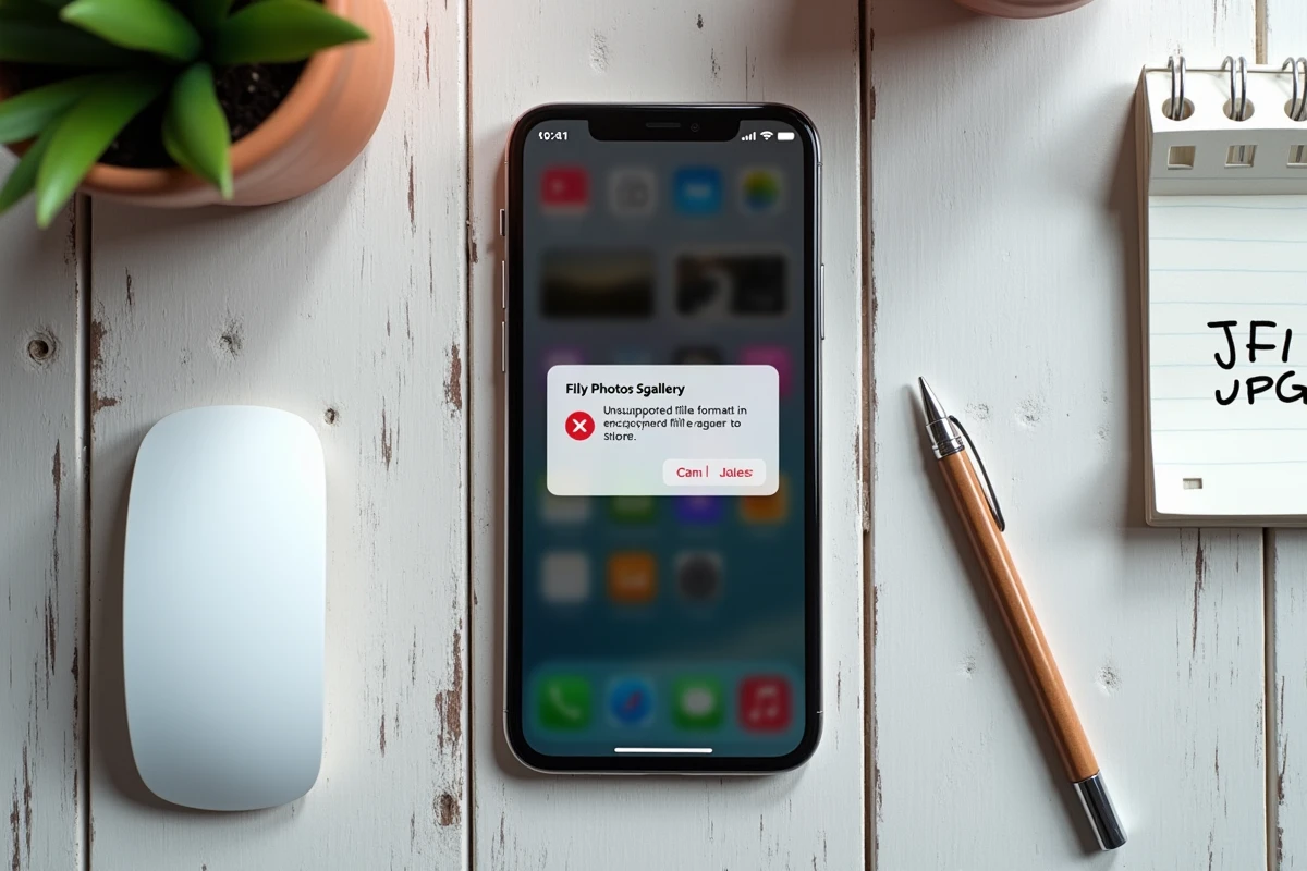 Smartphone affichant une erreur de fichier JFIF non supporté avec des notes manuscrites sur la conversion en JPEG