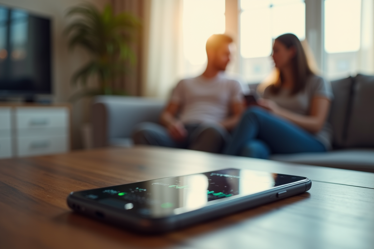Smartphone moderne avec ondes vocales à l'écran dans un salon