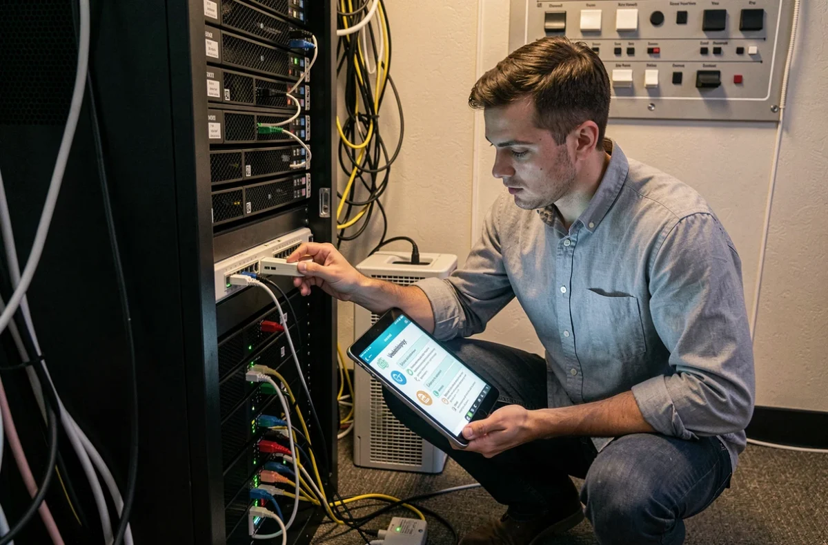 Technicien de starTech Normandy réalisant un test de cybersécurité en conditions réelles dans la salle serveur d'une PME