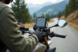 Motard installant un support RAM Mount sur le guidon de sa moto adventure en montagne