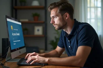 Technicien informatique examinant un message d'accès refusé sur une adresse IP locale affichée dans un navigateur