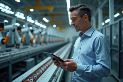 Technicien homme surveillant une ligne robotisee en usine