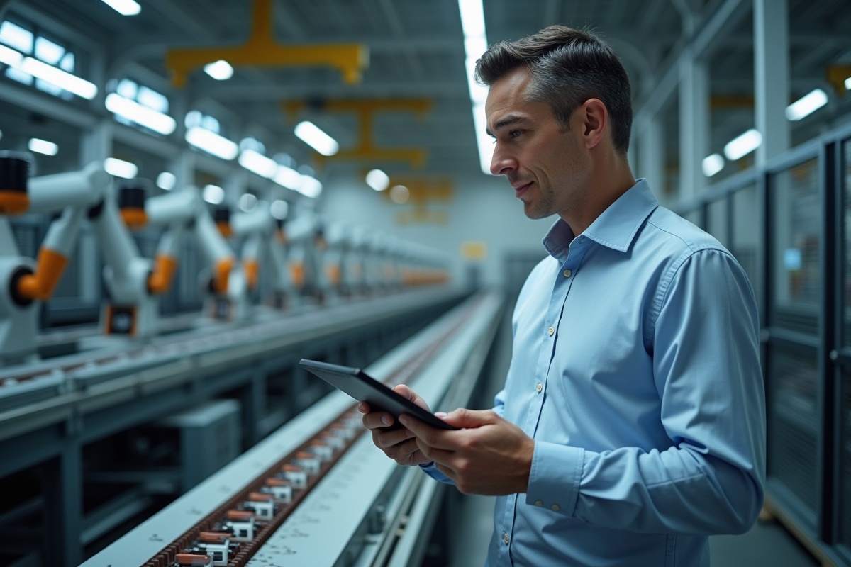 Technicien homme surveillant une ligne robotisee en usine