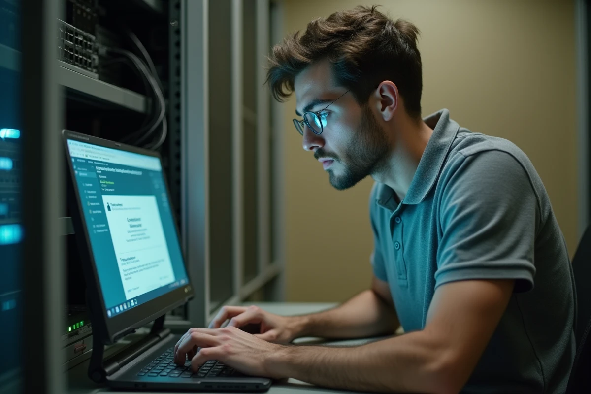 Technicien informatique examinant un avertissement de phishing sur un ordinateur portable dans une salle serveur d'un établissement public
