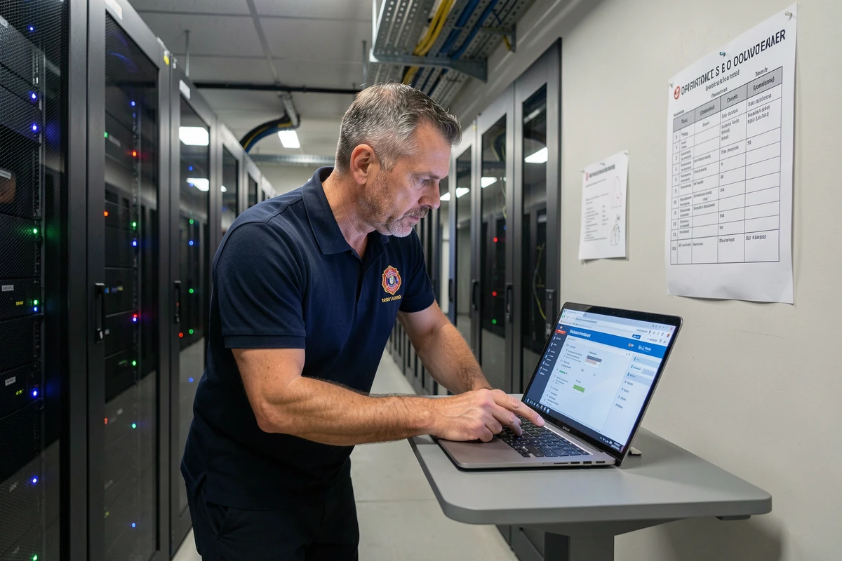 Technicien informatique du SDIS 61 gérant les outils métier Artemis dans la salle serveur du centre de secours