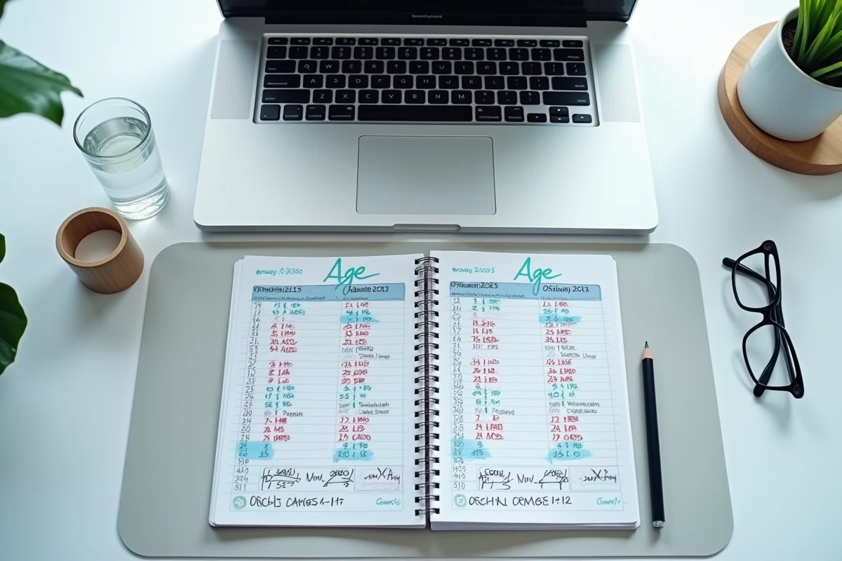 Vue aérienne d'un bureau avec Excel affichant des formules de calcul d'âge en années mois et jours