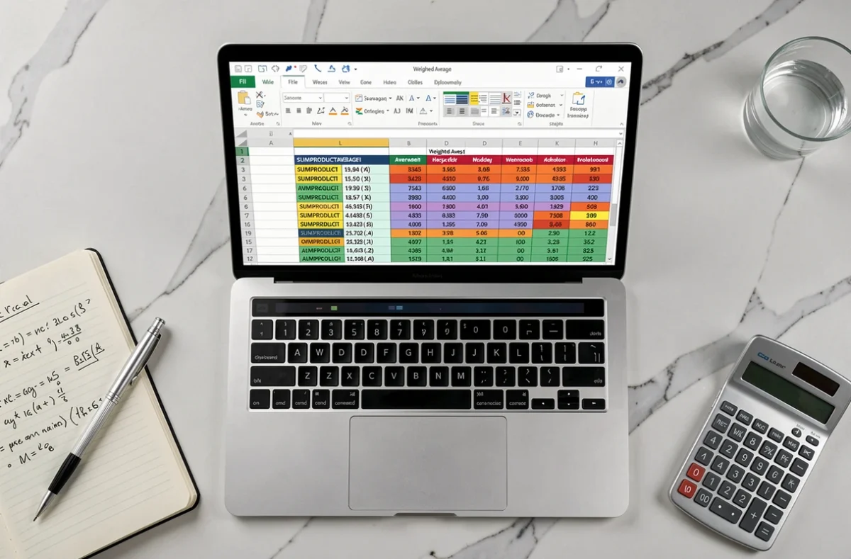 Vue aérienne d'un écran d'ordinateur portable affichant des formules Excel de moyenne pondérée avec un cahier de calculs manuscrits