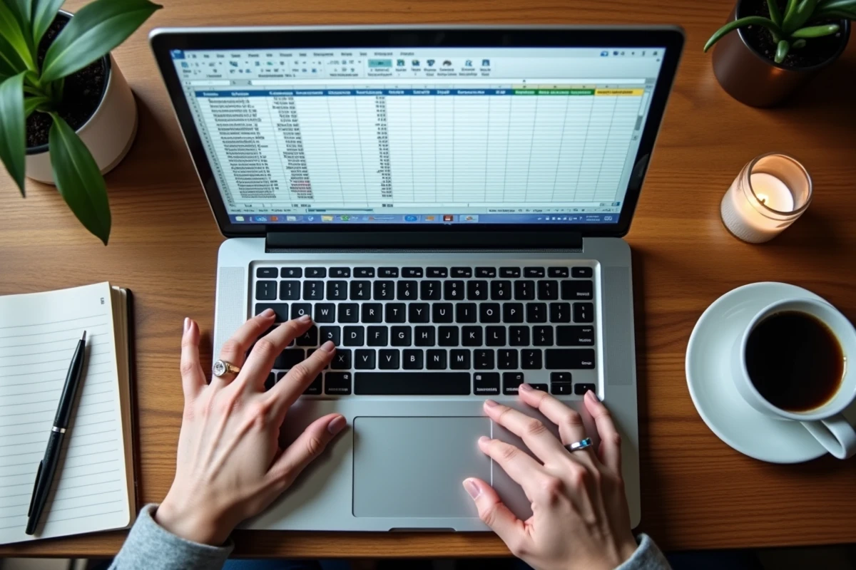 Vue aérienne d'un laptop sur une table de café affichant Excel avec les lignes et colonnes figées visibles dans le ruban