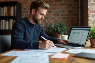 Webdesigner travaillant sur un projet WordPress personnalisé dans un bureau créatif avec maquettes et ordinateur portable