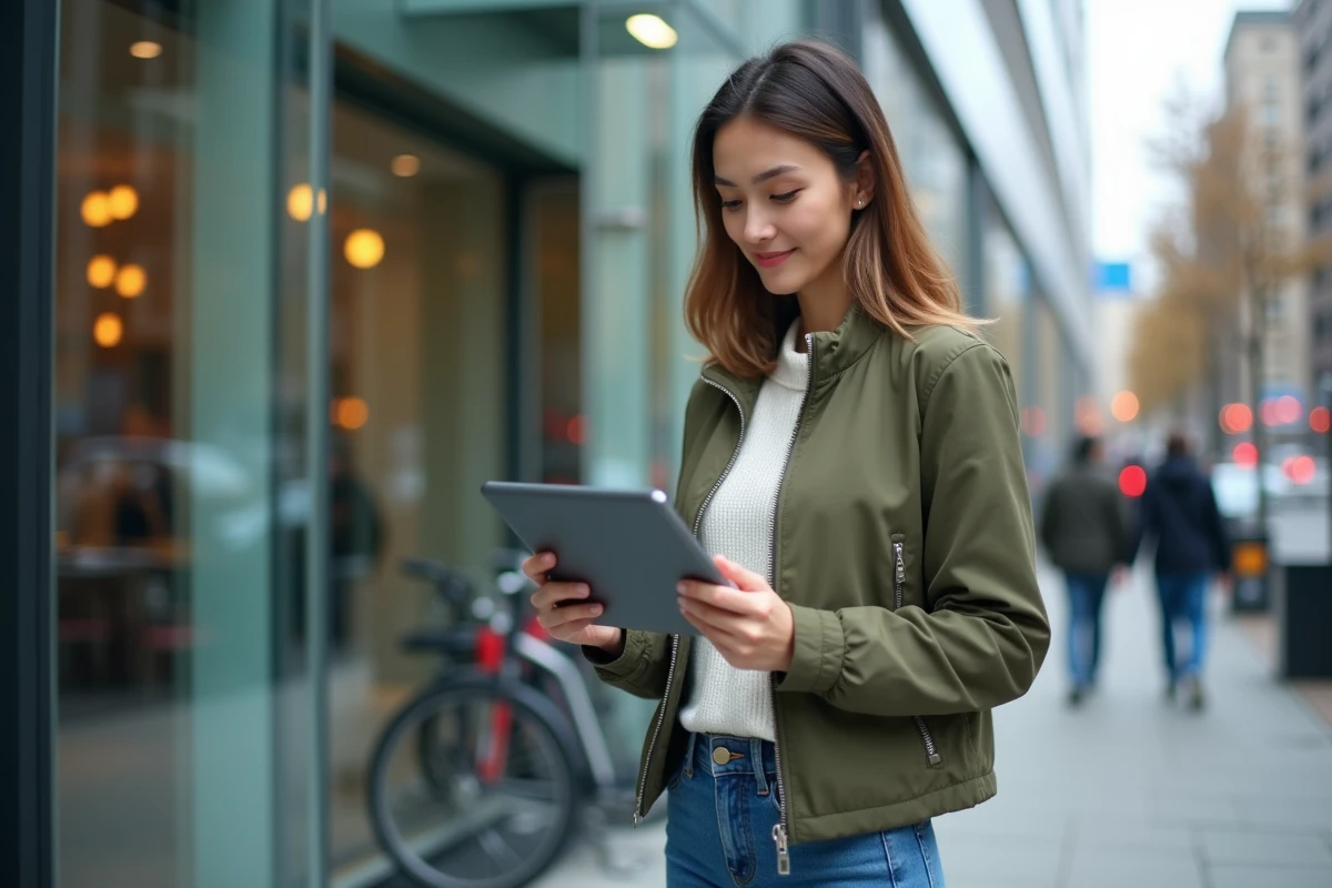 Jeune professionnelle accédant à son webmail dsden19 sur tablette devant un espace de coworking en ville