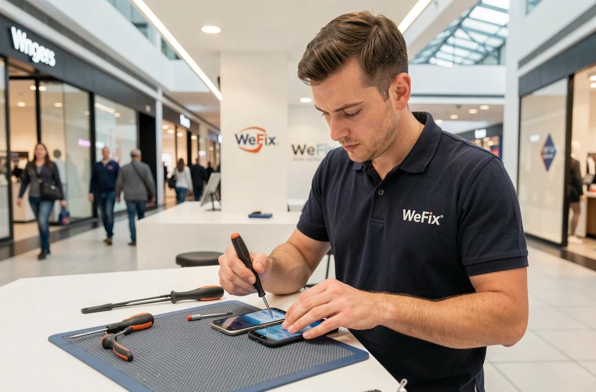 Spécialiste WeFix Angers en train d'ouvrir un smartphone avec un tournevis de précision sur un comptoir de réparation en centre commercial