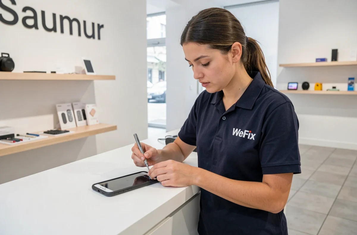 Technicienne WeFix Saumur remplaçant l'écran d'un smartphone au comptoir de service dans un centre commercial